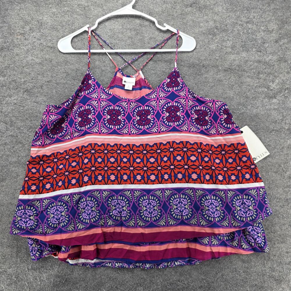 Stylus Tank Top Womens XL Purple Pink Rock Rose Boho Floral Strappy Cami